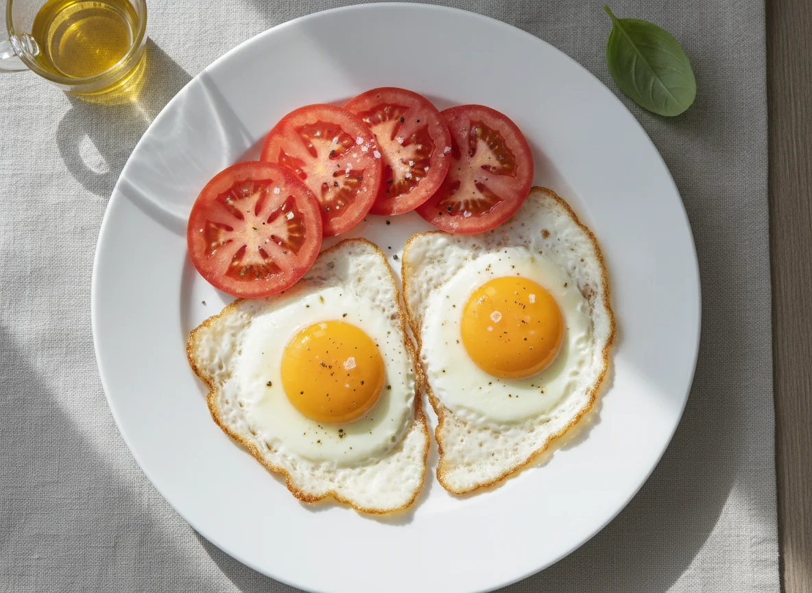 Fried eggs with sliced tomatoes photo