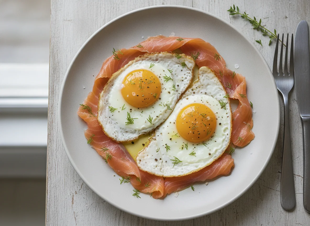 Fried eggs with smoked salmon photo