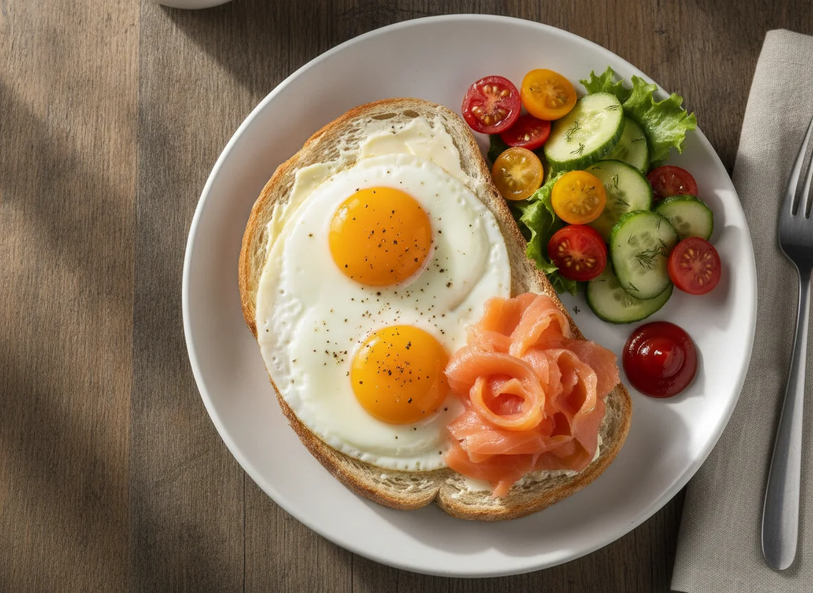 Fried eggs with smoked salmon on toast and side salad photo