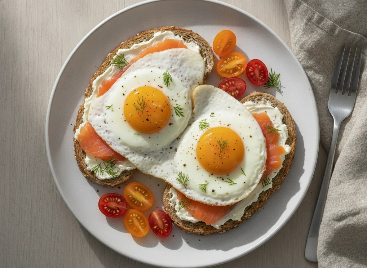 Fried eggs with smoked salmon toast and cherry tomatoes photo