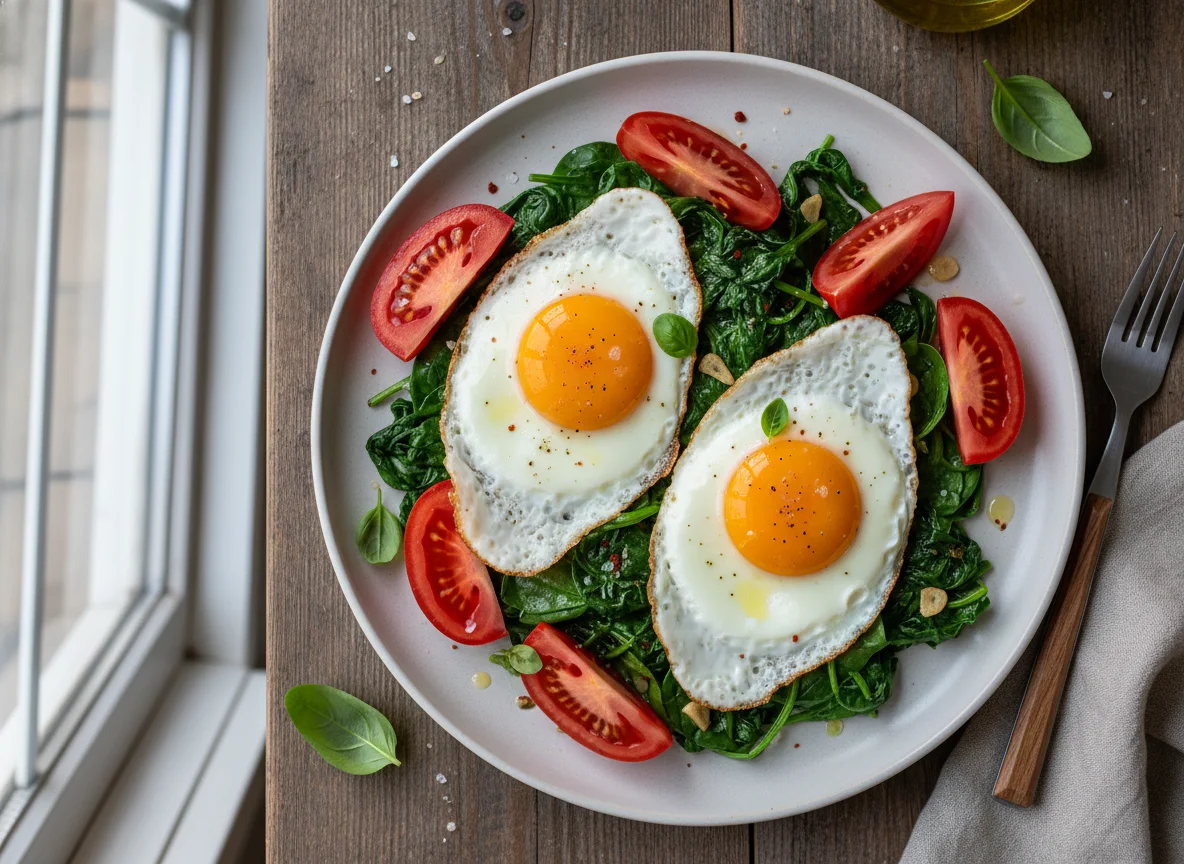 Fried Eggs with Spinach and Tomato photo