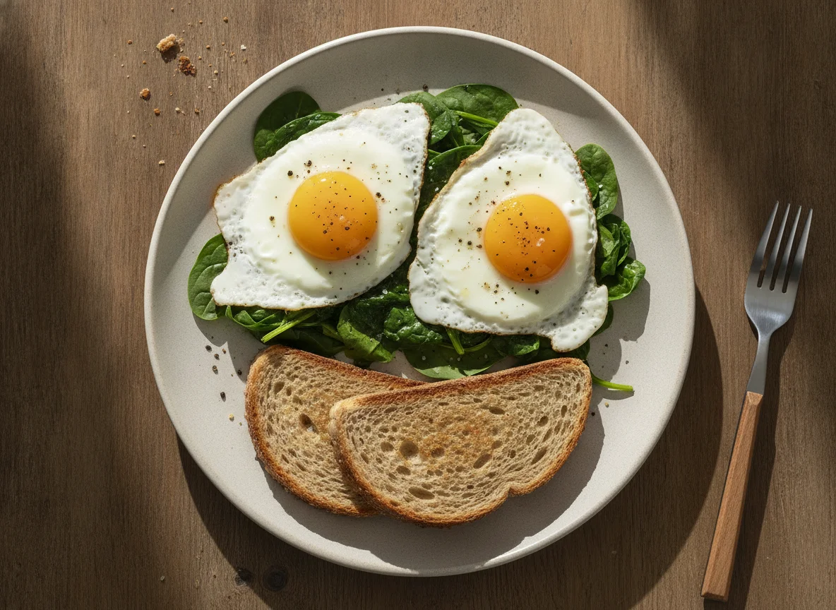 Fried eggs with spinach on toast photo