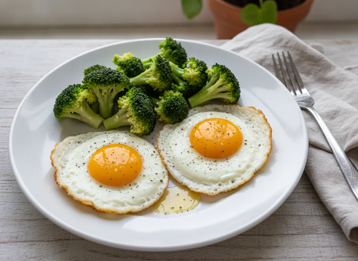 Fried eggs with steamed broccoli photo