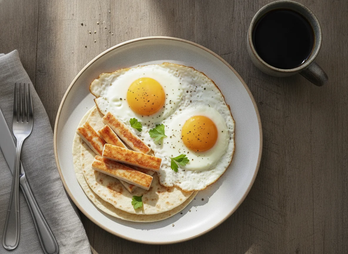 Fried eggs with surimi sticks and tortilla photo