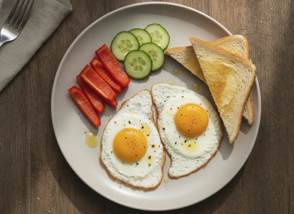 Fried eggs with toast and fresh vegetables photo