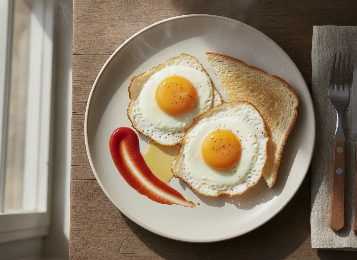 Fried eggs with toast and ketchup photo