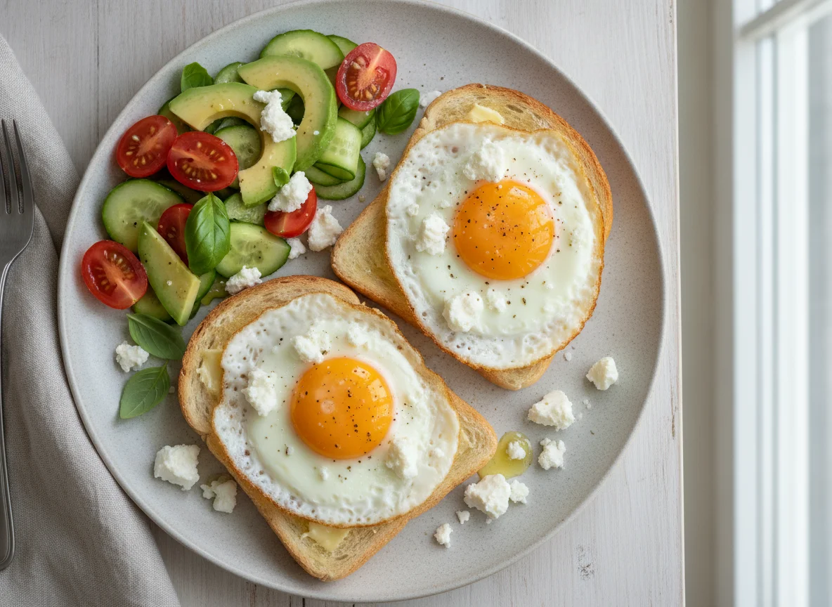 Fried eggs with toast, feta, and salad photo