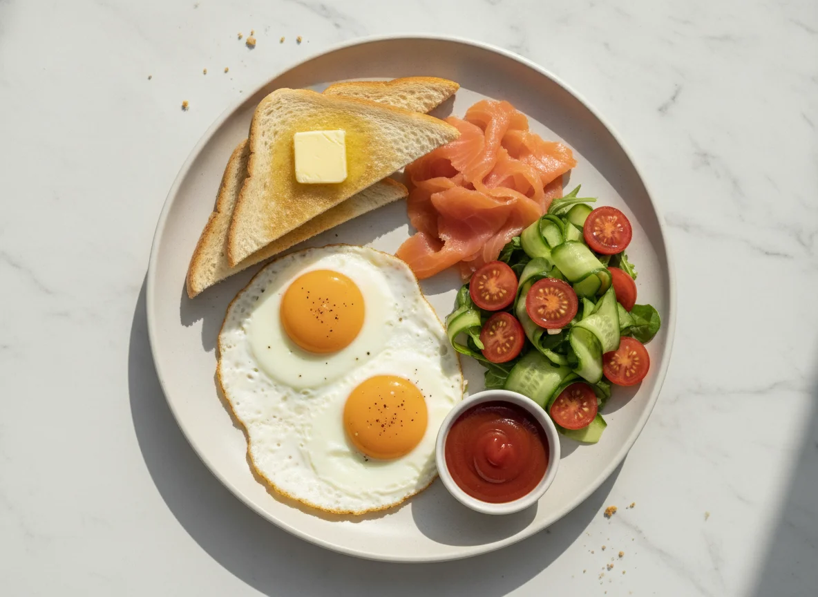 Fried eggs with toast, smoked salmon and salad photo