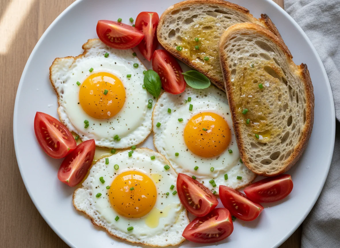 Fried Eggs with Tomatoes and Bread photo