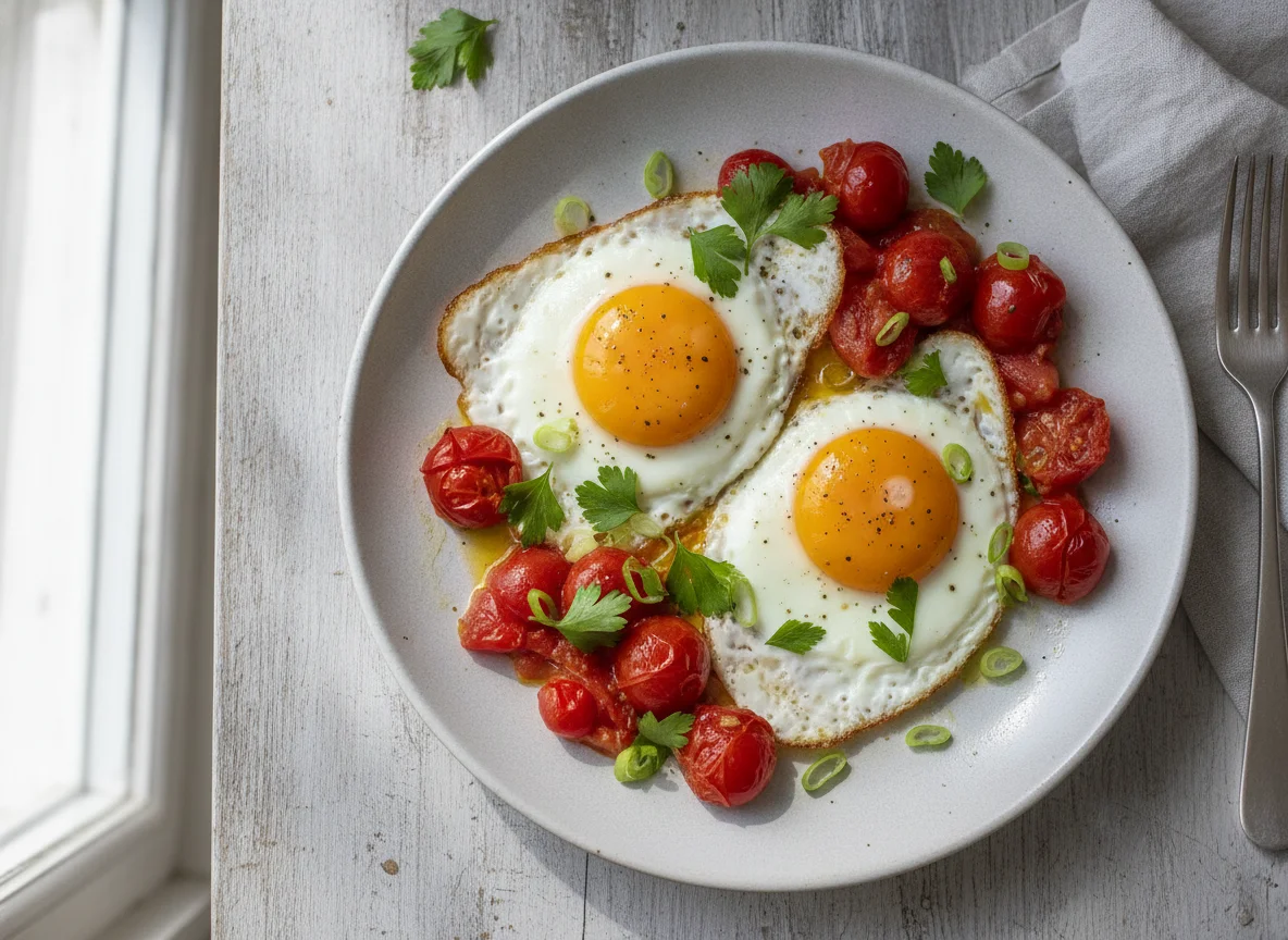 Fried eggs with tomatoes and herbs photo