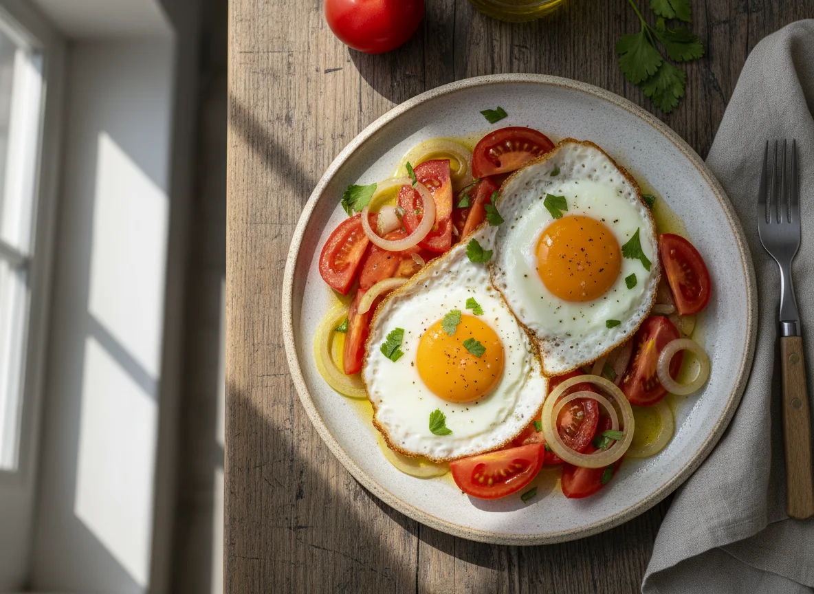 Fried Eggs with Tomatoes and Onions photo