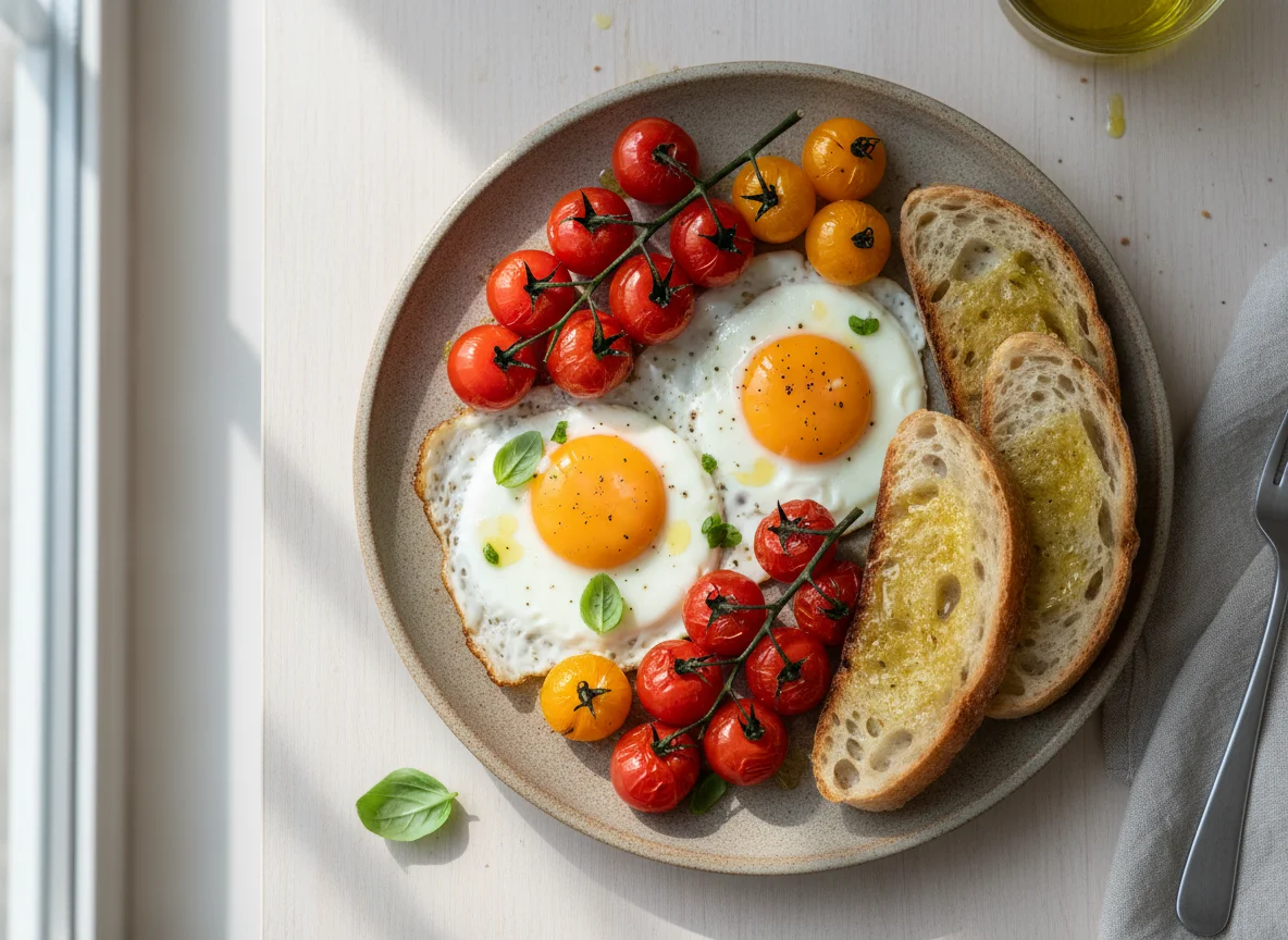Fried Eggs with Tomatoes and Sourdough Bread photo