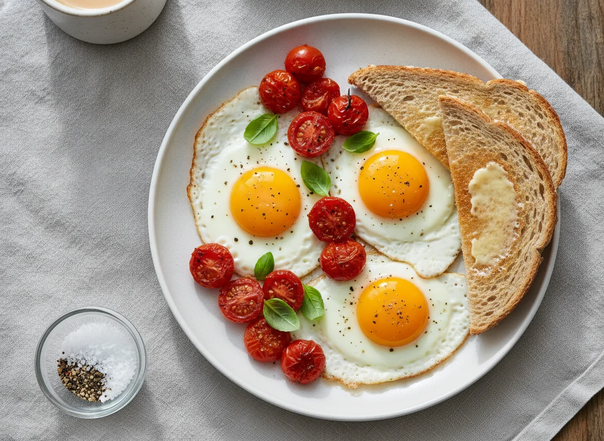Fried Eggs with Tomatoes and Toast photo
