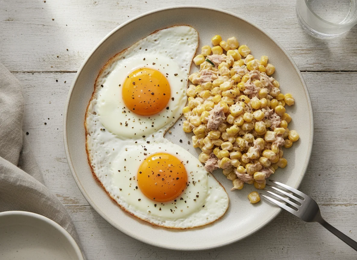 Fried eggs with tuna and corn salad photo