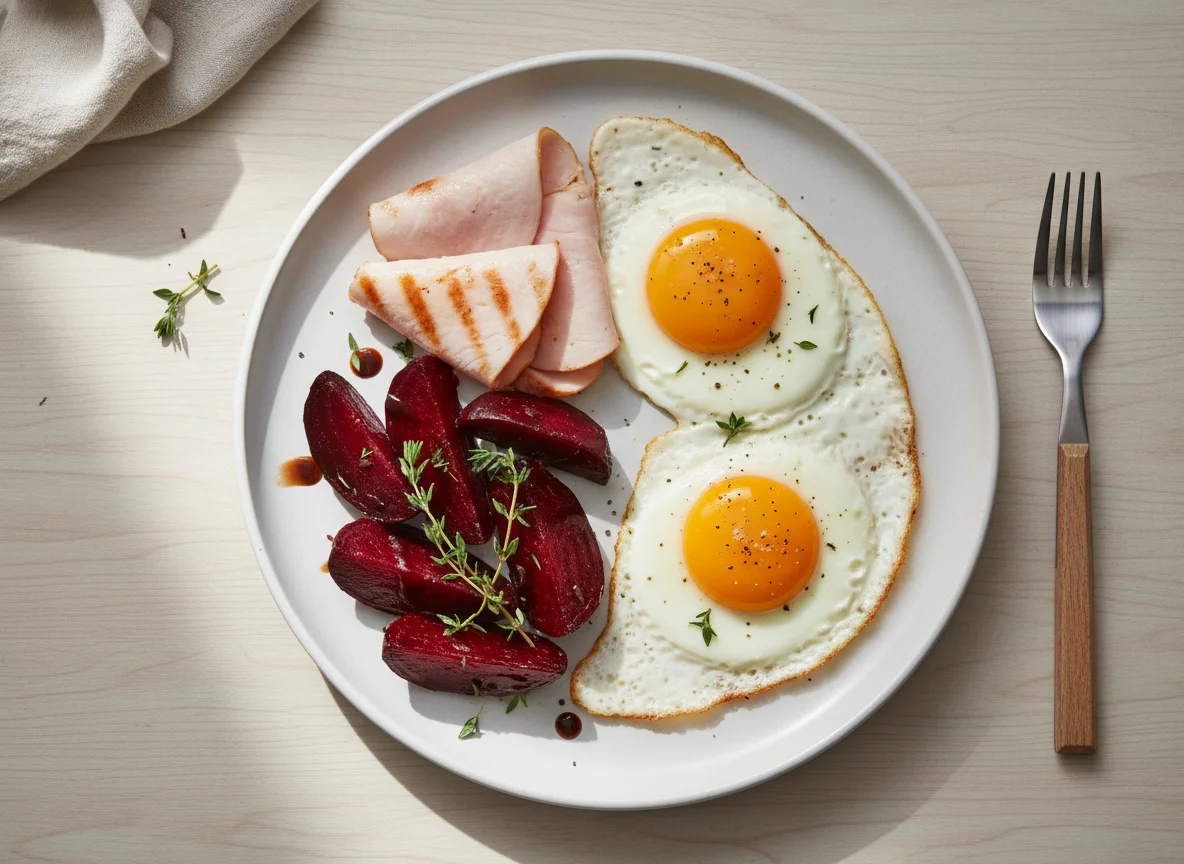 Fried Eggs with Turkey Ham and Baked Beetroot photo
