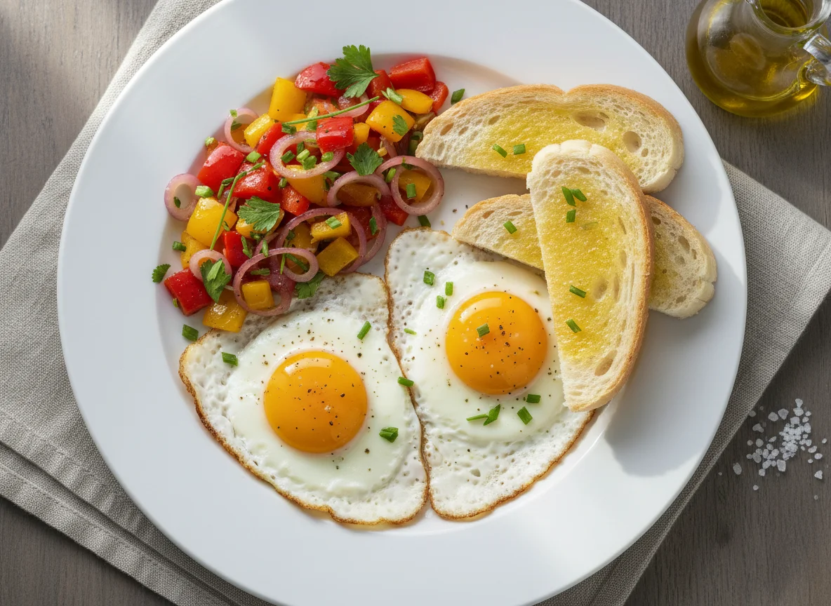 Fried Eggs with Vegetables and Bread photo