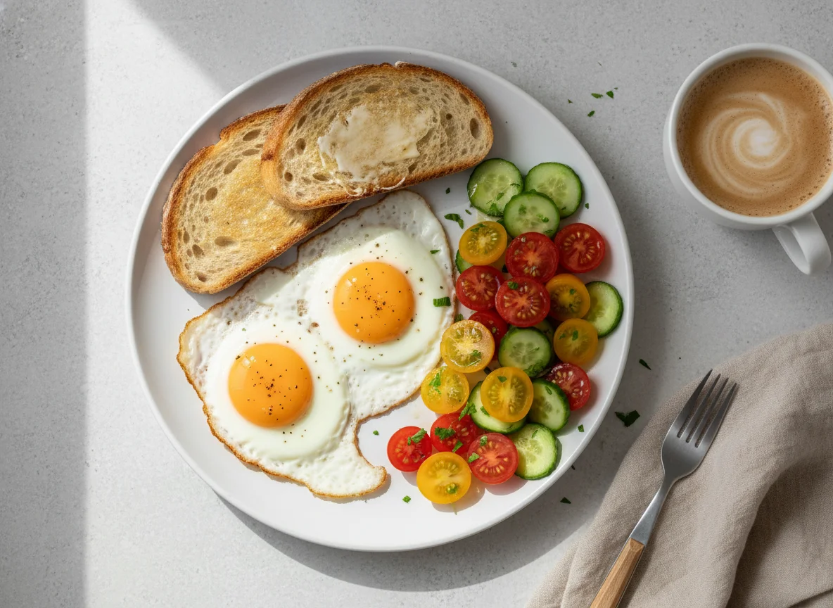 Fried Eggs with Vegetables and Coffee photo