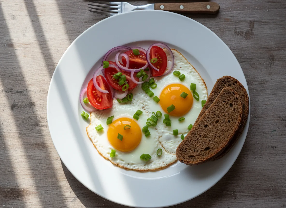 Fried Eggs with Vegetables and Dark Bread photo