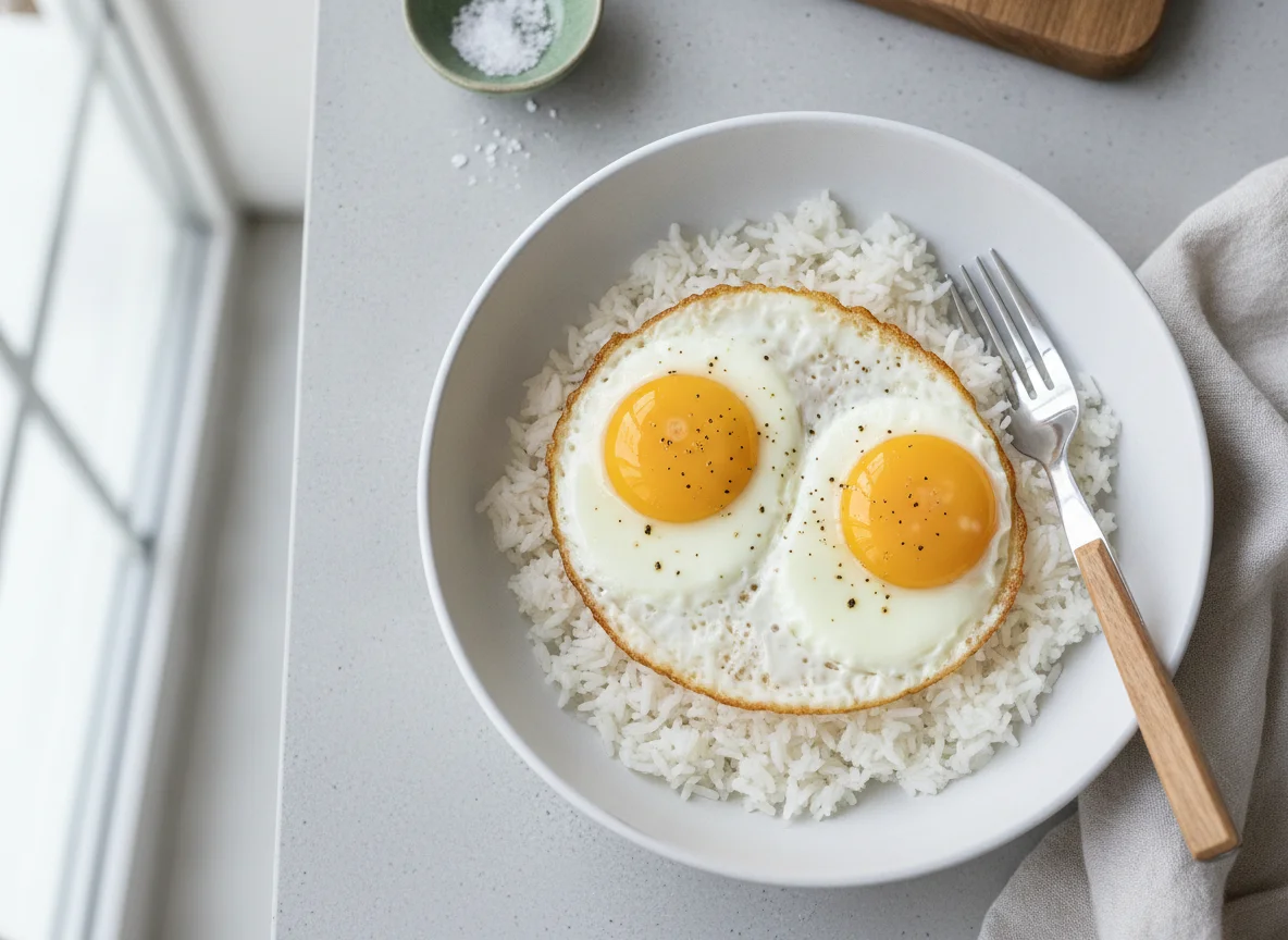 Fried eggs with white rice photo