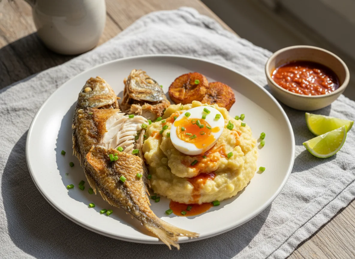 Fried Fish and Boiled Egg with Yam Mash photo