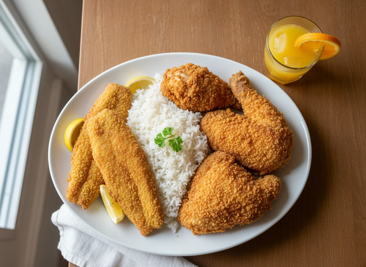 Fried Fish and Chicken with Rice and Orange Juice photo