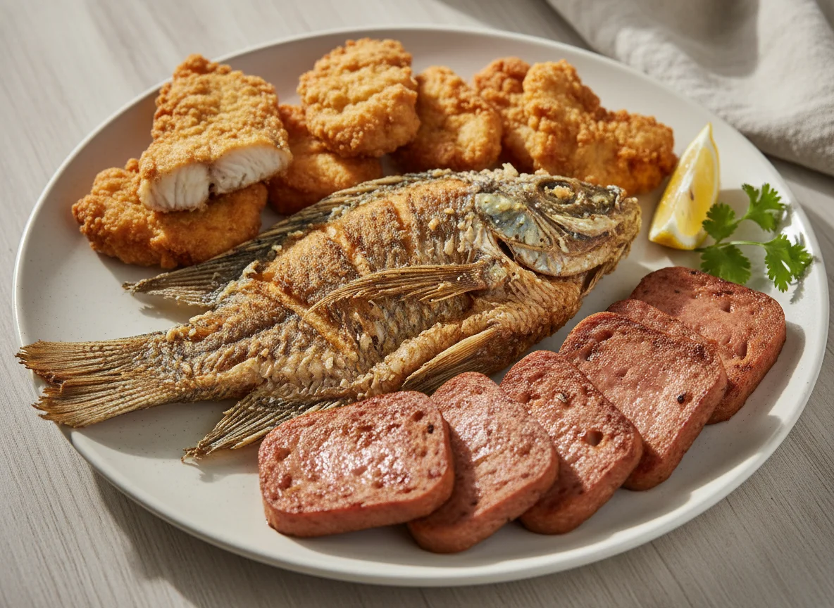 Fried Fish and Luncheon Meat photo