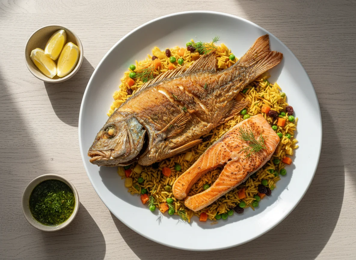 Fried Fish and Salmon with Rice photo