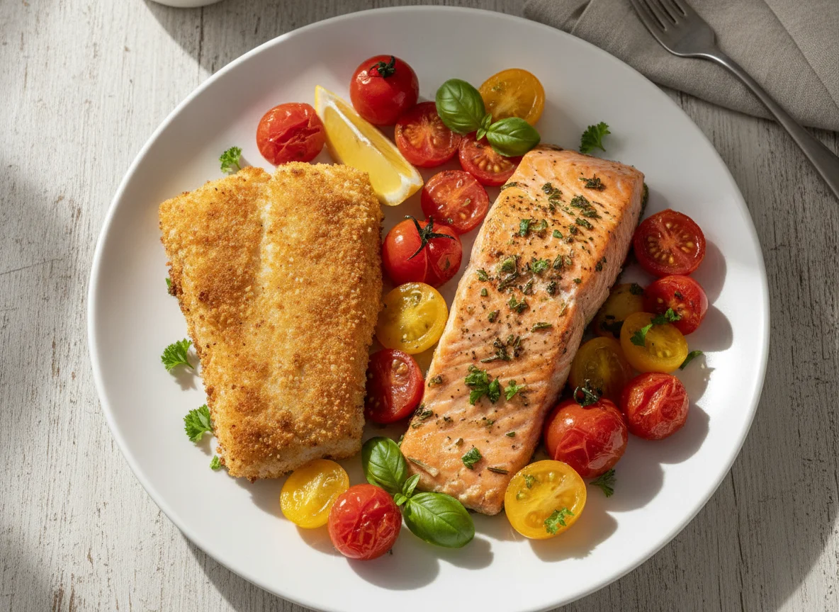 Fried Fish and Salmon with Tomatoes photo