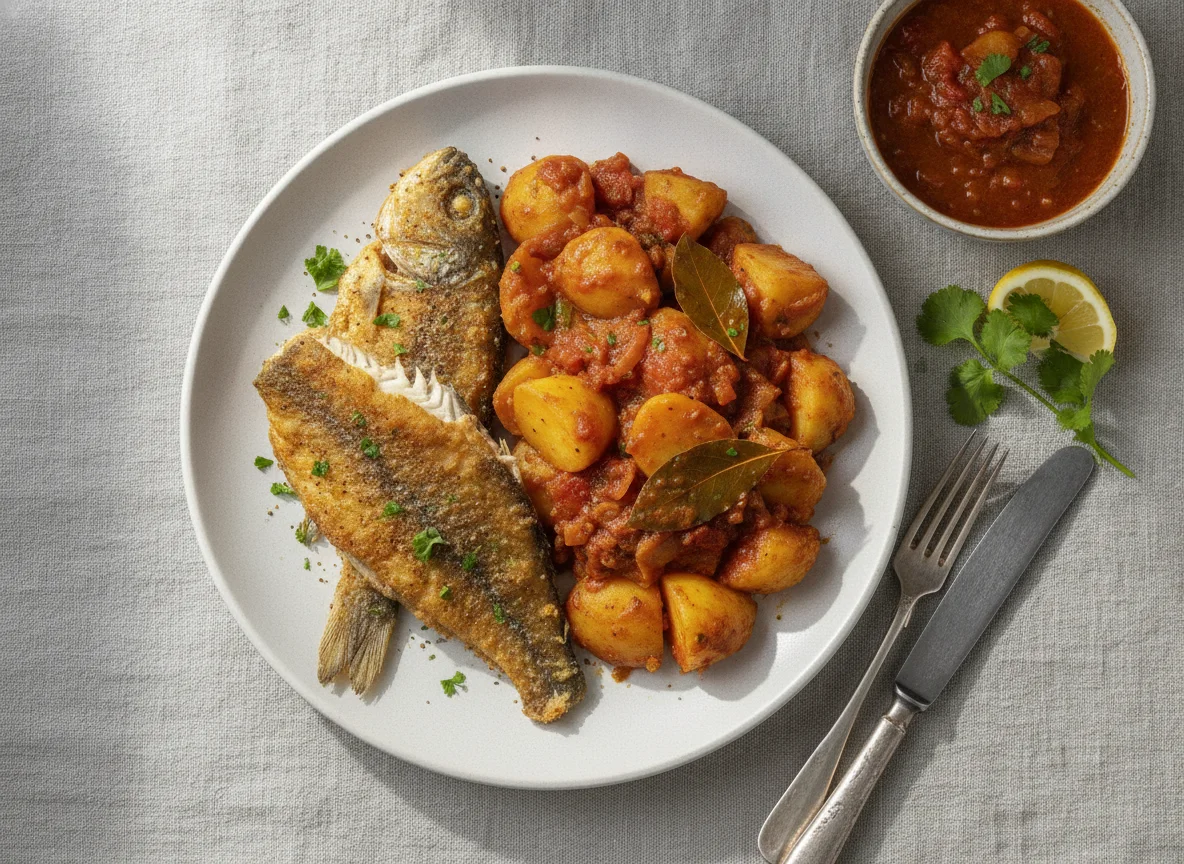 Fried Fish and Stewed Potatoes photo
