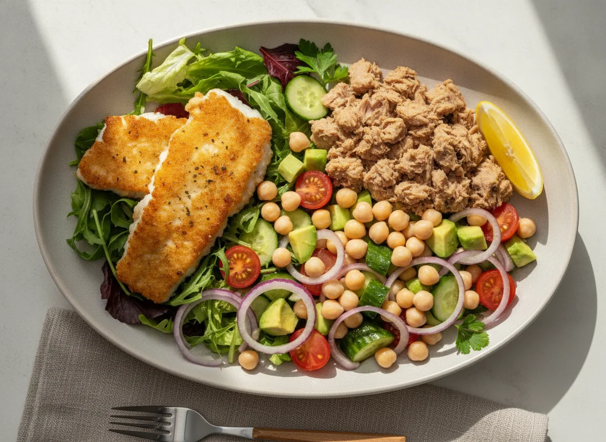Fried fish and tuna salad with chickpeas and vegetables photo