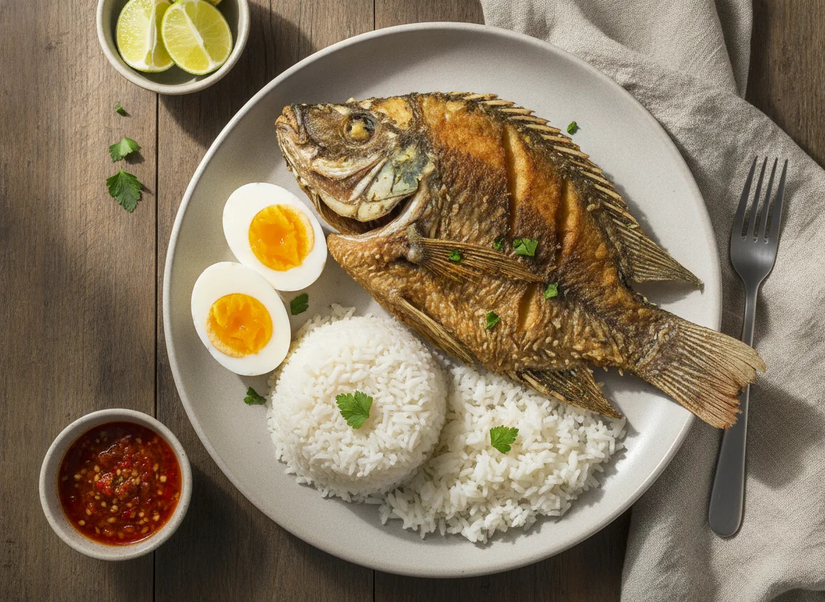 Fried Fish, Boiled Eggs, and Rice photo