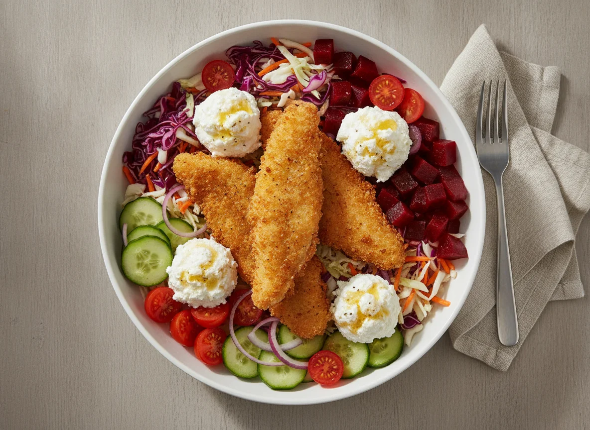 Fried fish bowl with cottage cheese and salad photo