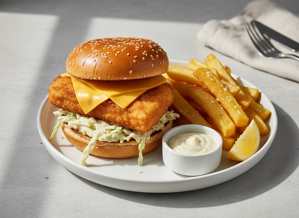 Fried Fish Burger with Chips photo