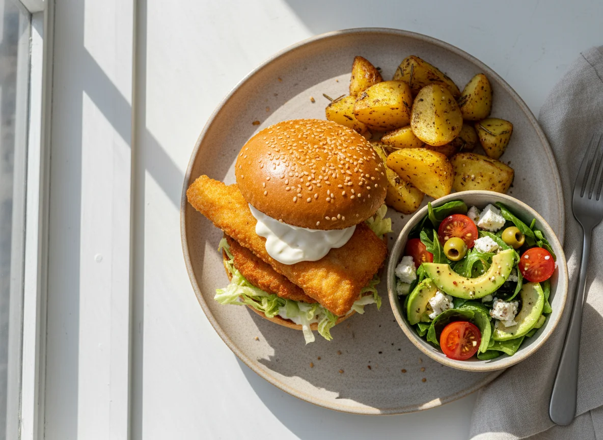 Fried Fish Burger with Roasted Potatoes and Salad photo