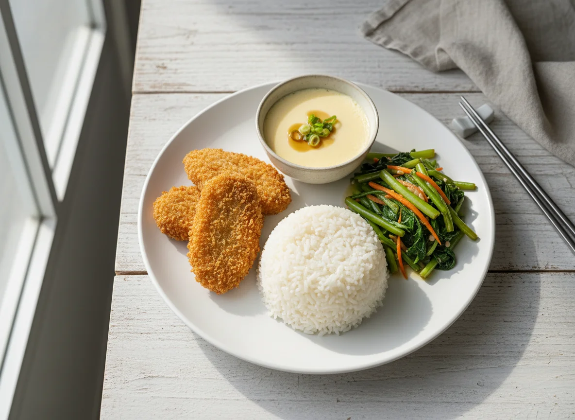 Fried Fish Cutlet with Rice, Stir-fried Vegetables and Steamed Egg photo