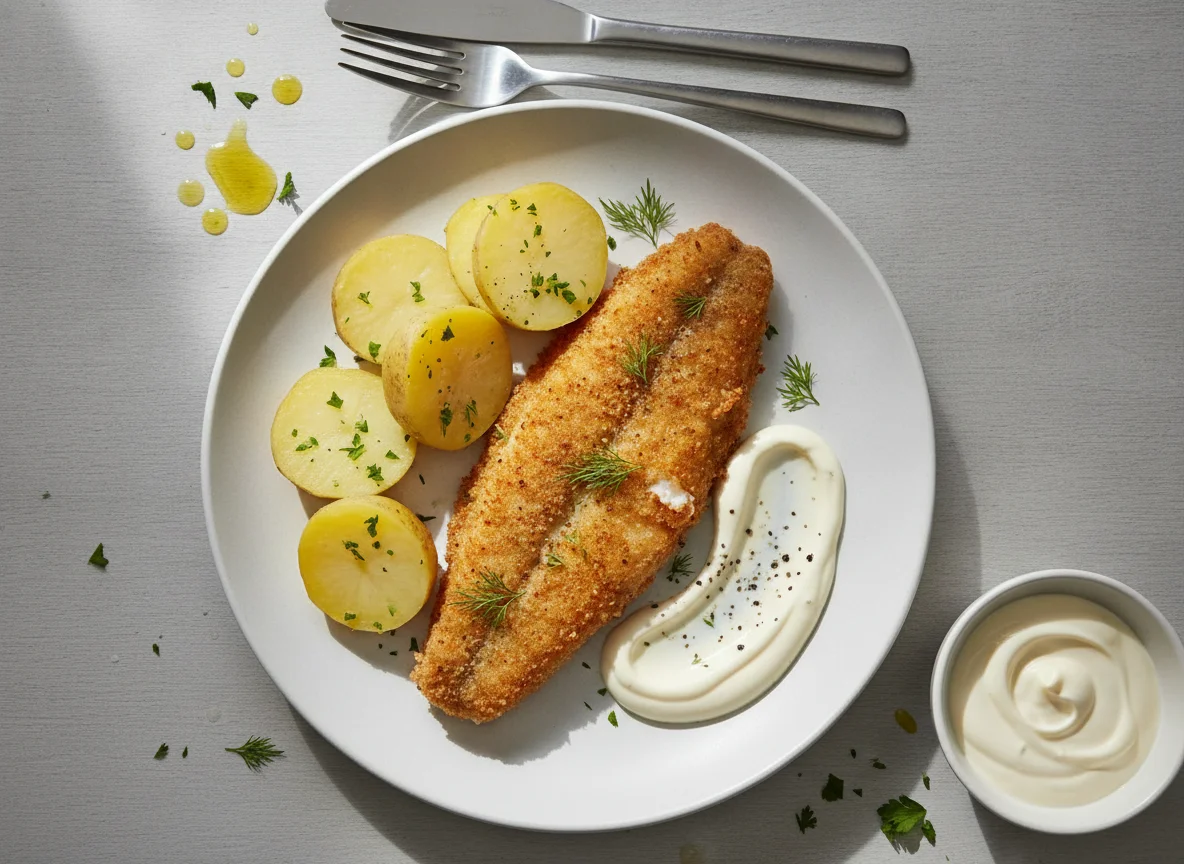 Fried fish fillet with potatoes and sauce photo
