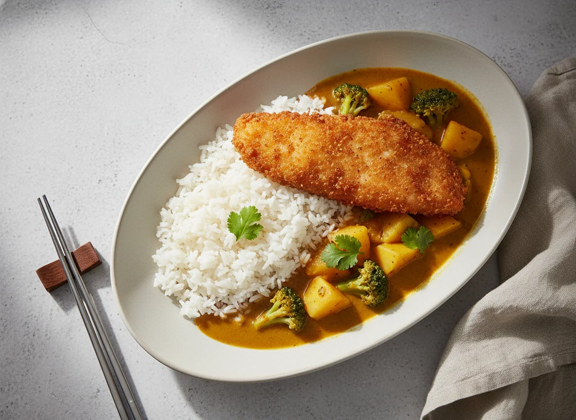 Fried Fish Fillet with Rice and Curry Sauce photo