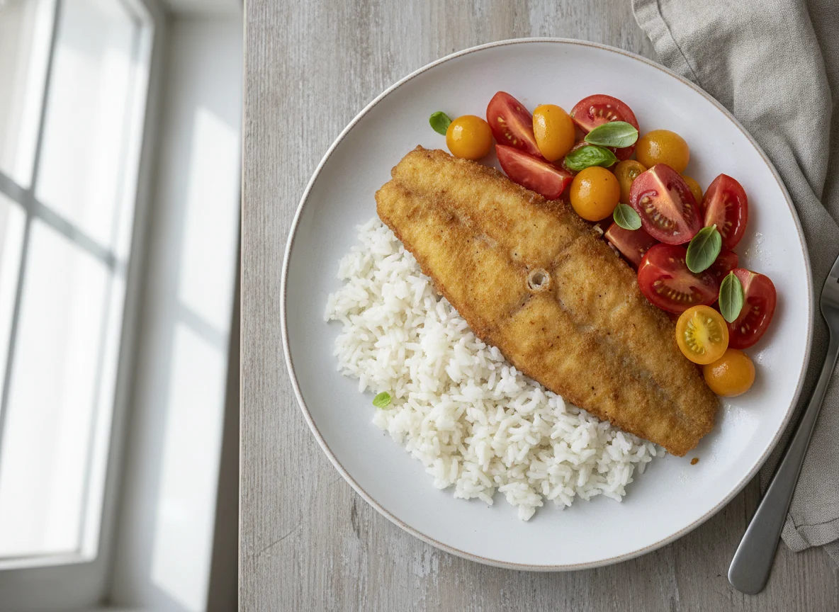 Fried Fish Fillet with Rice and Tomatoes photo