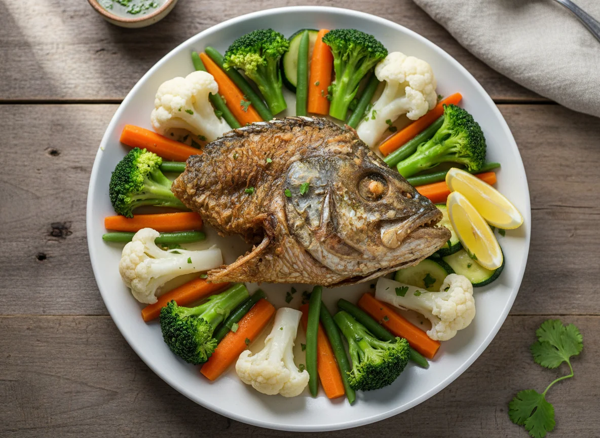 Fried Fish Head with Steamed Vegetables photo