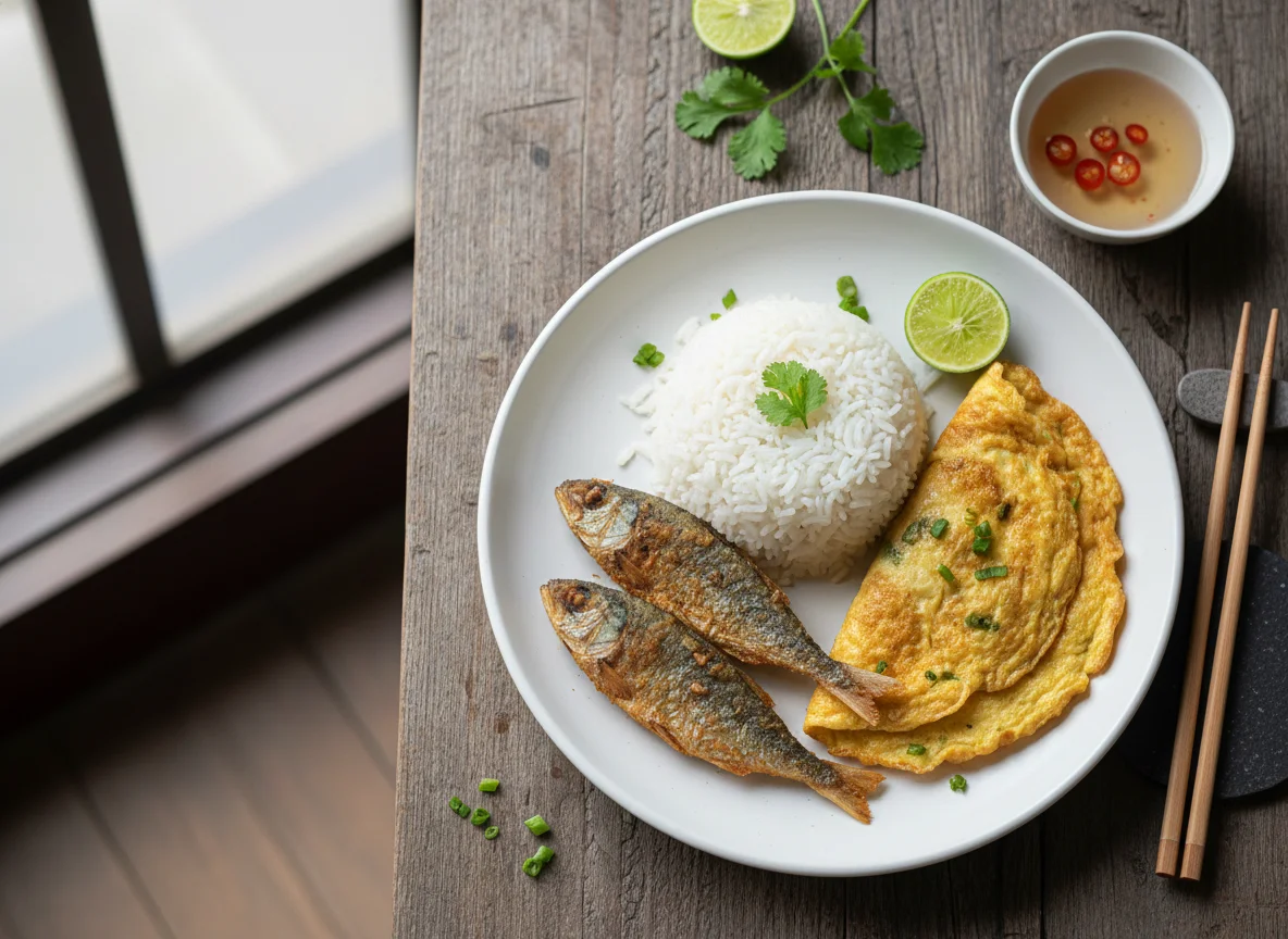 Fried Fish, Omelette, and Rice photo