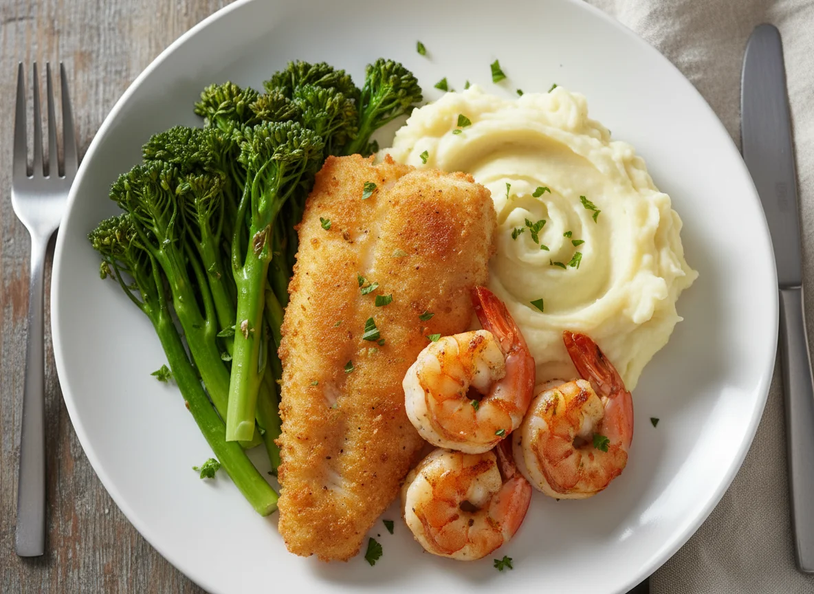 Fried Fish, Prawns, Mash and Broccolini photo