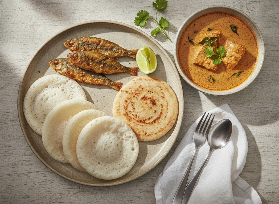 Fried Fish with Appam/Dosa and Curry photo