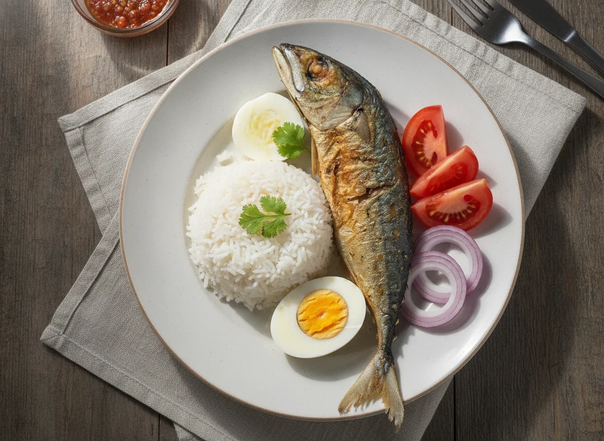 Fried fish with boiled egg and rice photo