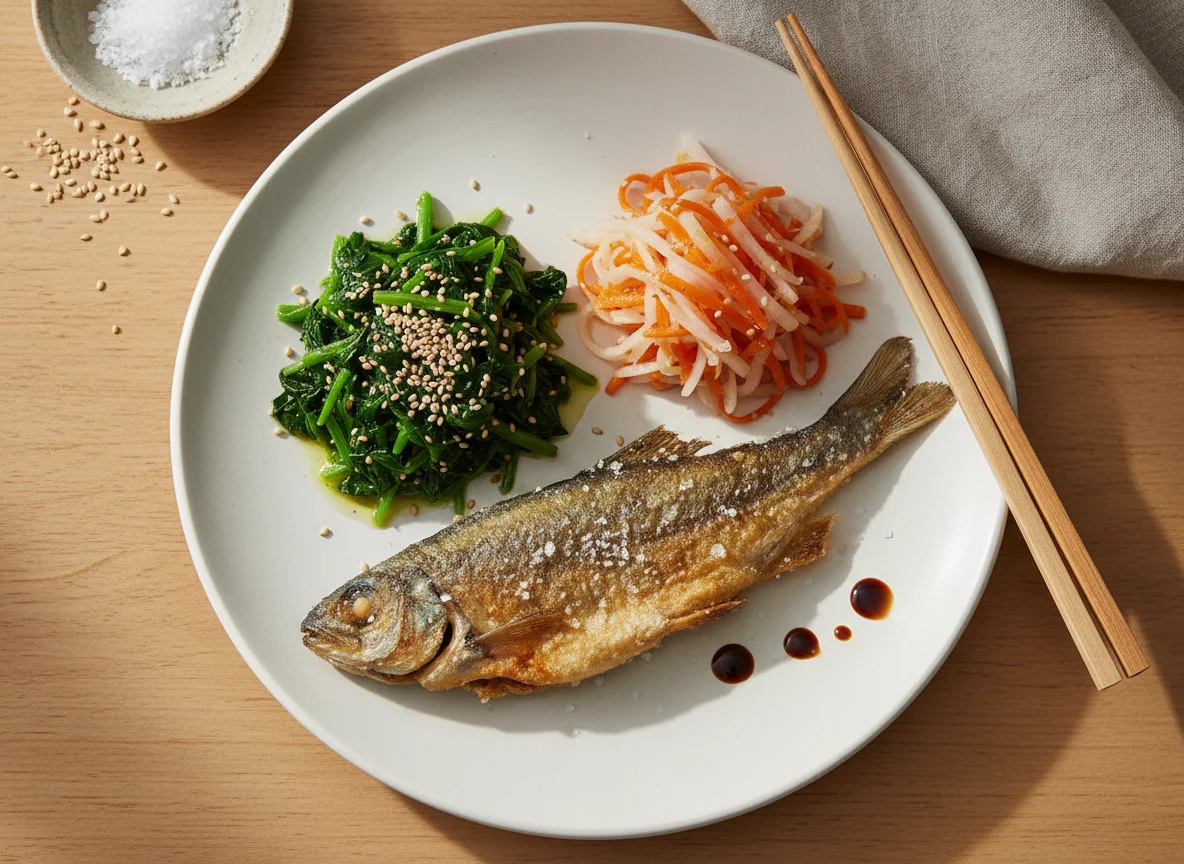 Fried Fish with Boiled Greens and Pickled Vegetables photo