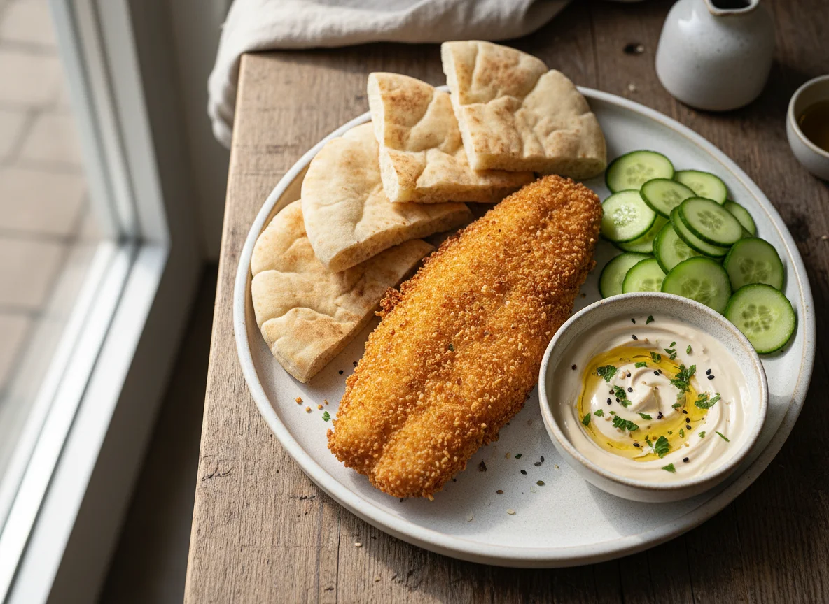 Fried Fish with Bread, Cucumber, and Tahini Dip photo
