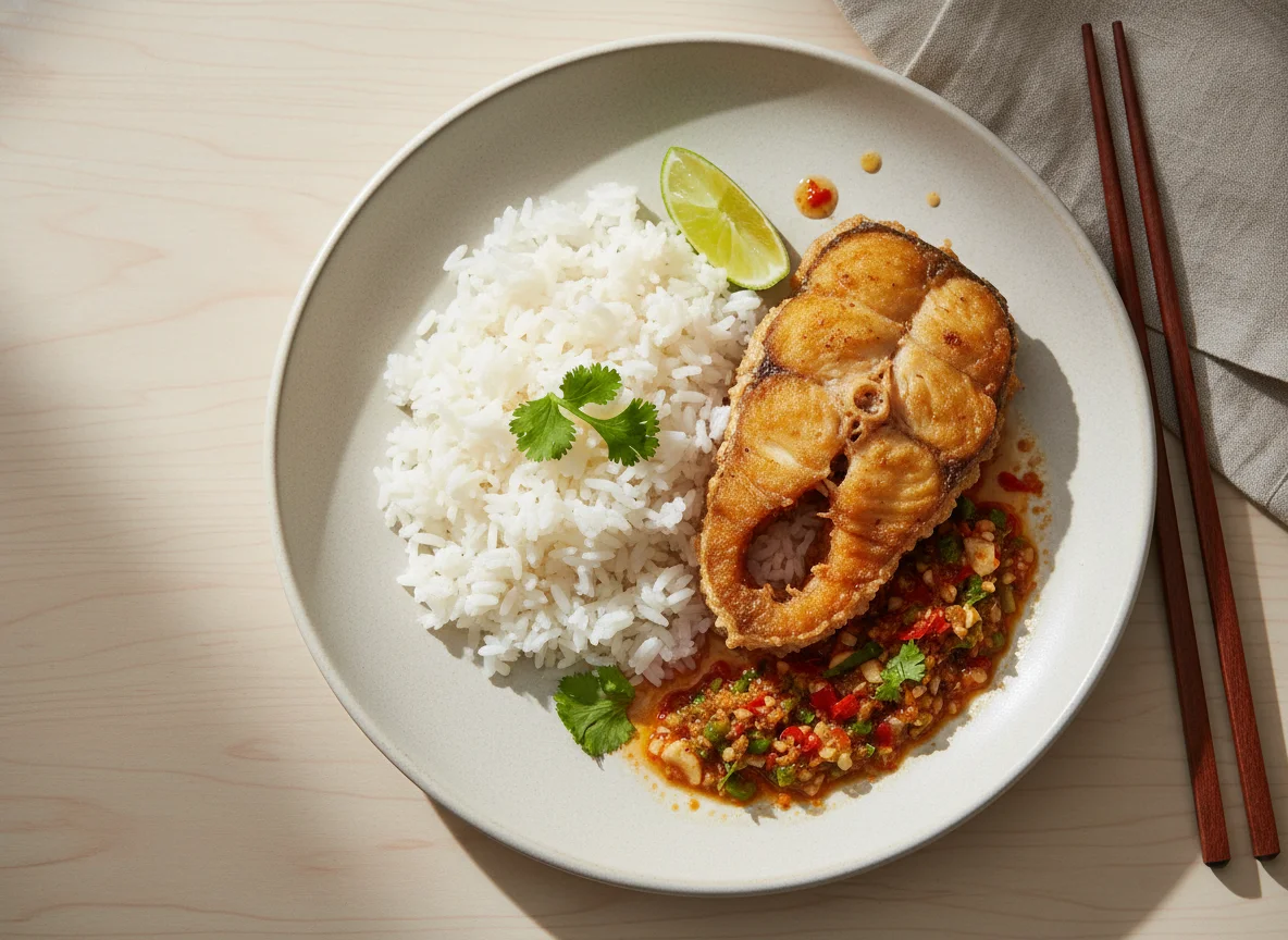 Fried Fish with Chili Sauce and Rice photo
