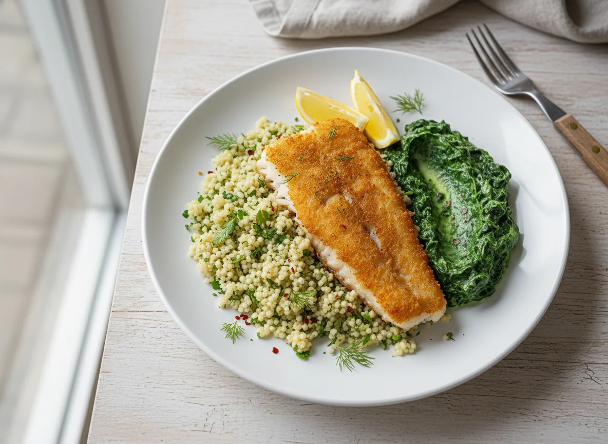 Fried Fish with Couscous and Creamed Spinach photo