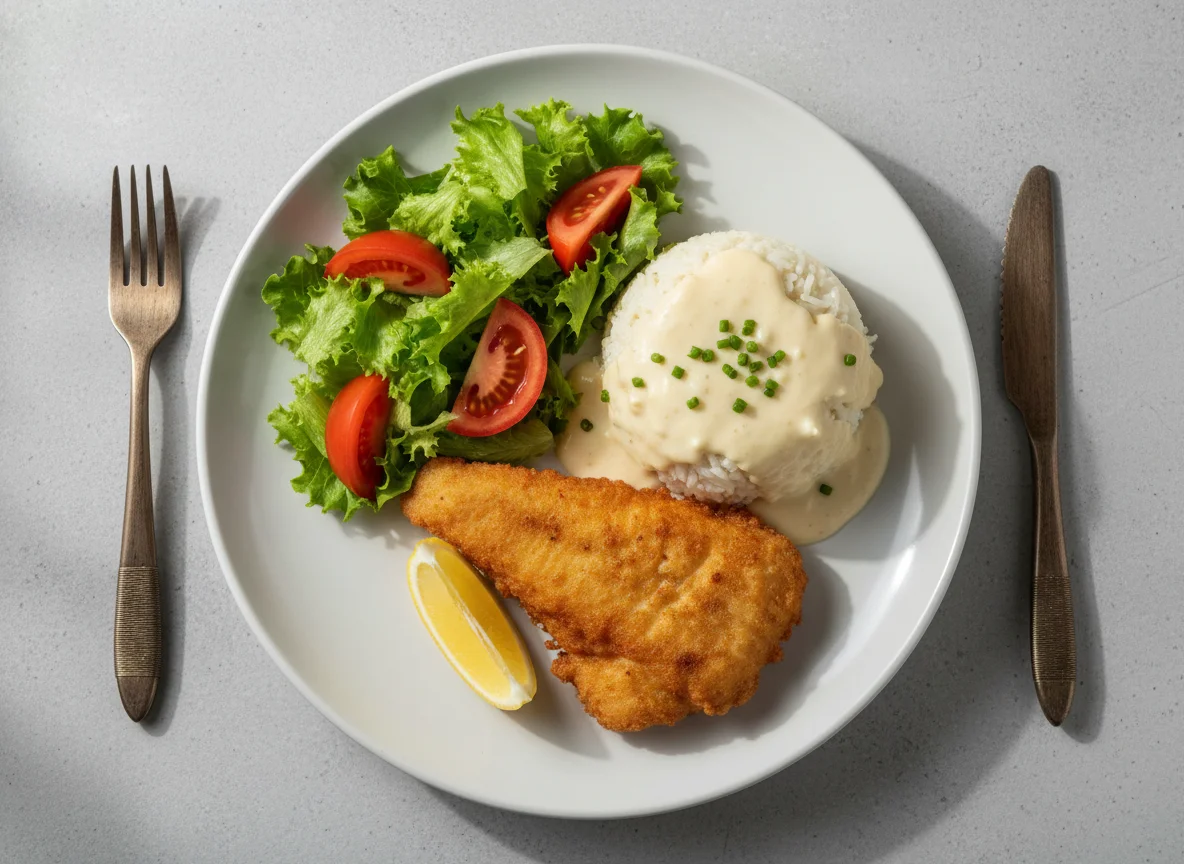 Fried Fish with Creamy Rice and Salad photo