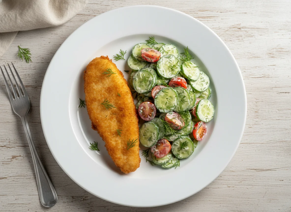Fried Fish with Cucumber and Tomato Salad photo