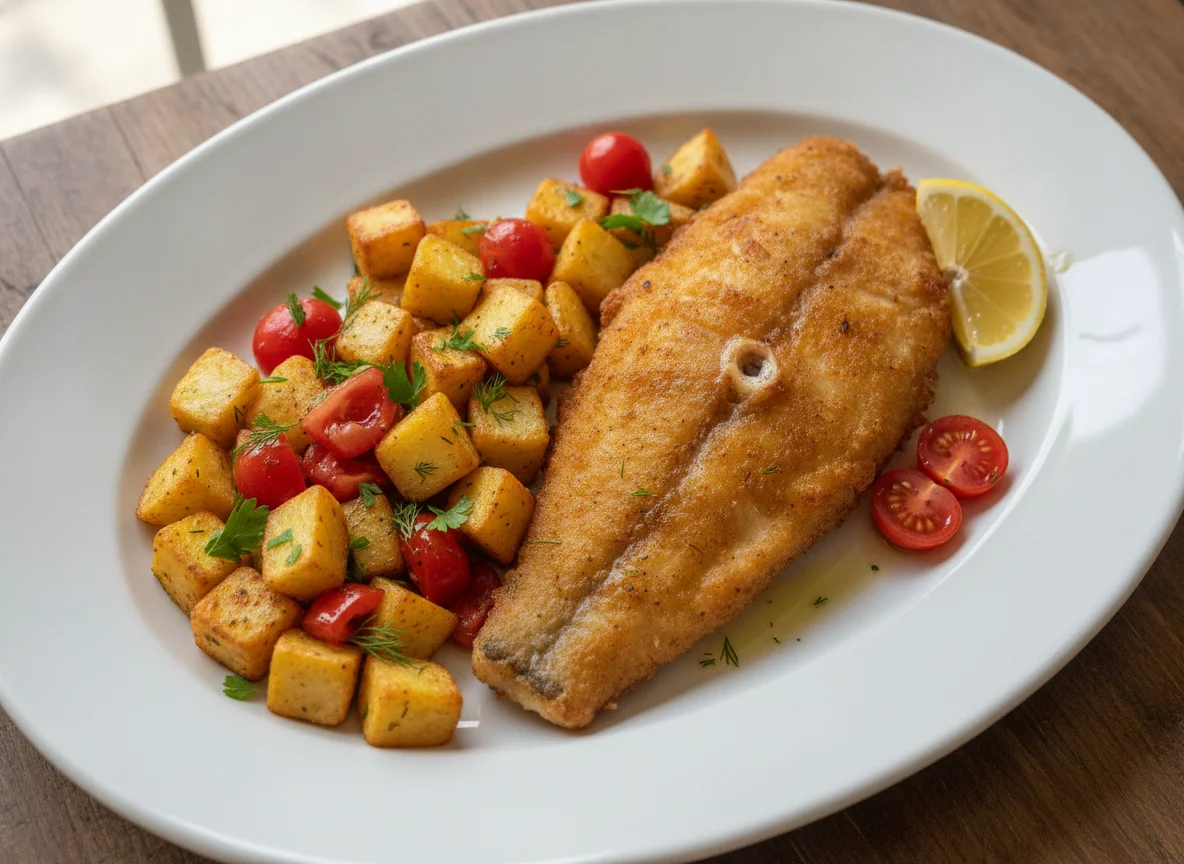 Fried Fish with Diced Potatoes and Tomatoes photo
